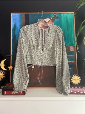 Loavies Floral Crop Top Blue Long Sleeve Tie Front Cottagecore Women Size S